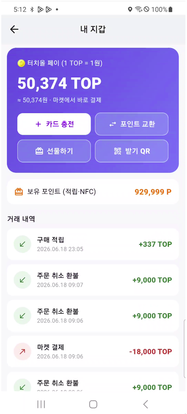 터치올 페이 지갑 결제 화면